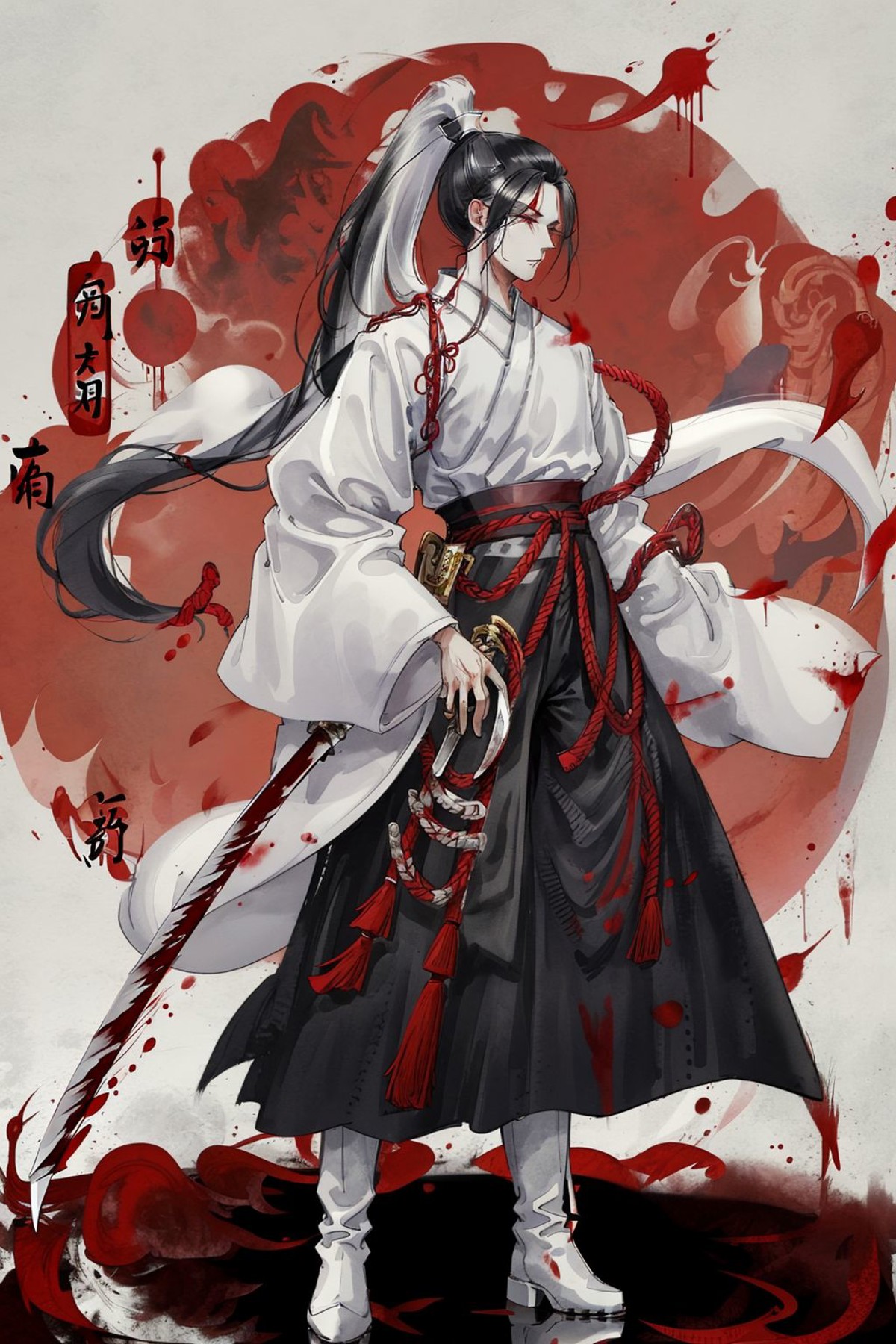 1boy,pants, black hair, standing, shirt, solo, holding, white Chinese clothing, blood, boots, full body, weapon, ponytail,...